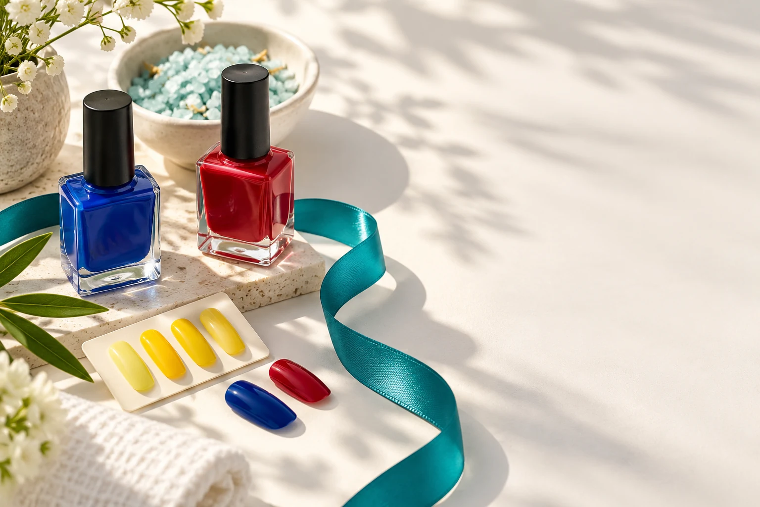 Illustrative still life of cobalt and cherry polish bottles, lemon color swatches, a teal ribbon and spa salts; not a client set or salon photograph.